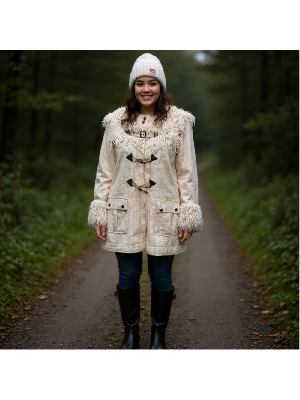 Free People Vintage Y2K 2000s Shaggy Faux Fur Toggle Buckle Wool Jacket Large